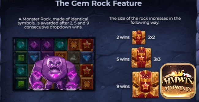 Kích hoạt The Gem Rock Feature khi 2, 5 hoặc 9 chiến thắng được thả liên tiếp xuống cuộn