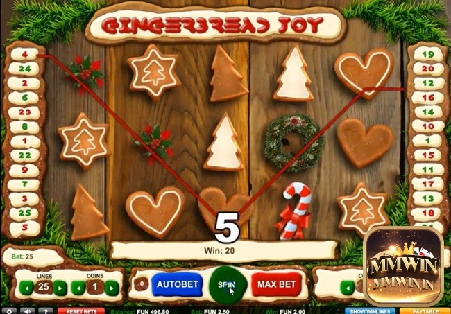 Gingerbread Joy có 25 dòng, điều chỉnh và số lượng đồng xu trên mỗi dòng cược từ 1 - 5