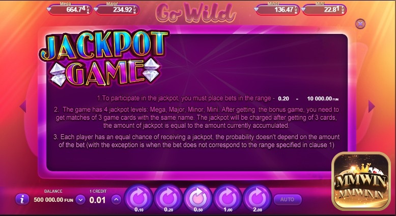 Người chơi cần đặt cược từ 0,2 - 10.000 xu để kích hoạt Jackpot Game